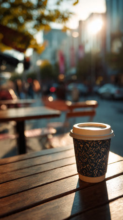 Paper cup of coffee on the table in the city. Coffee breakの写真素材