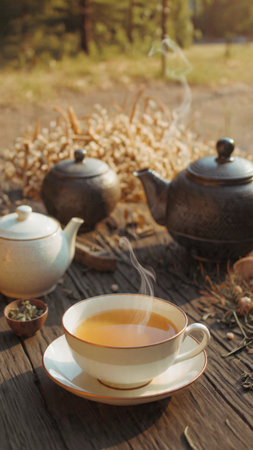 Cup of tea with teapot on wooden table in forestの写真素材