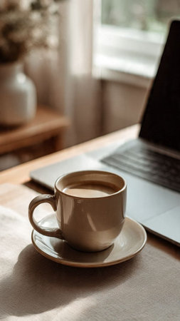 Coffee cup and laptop on table in coffee shop, stock photoの写真素材