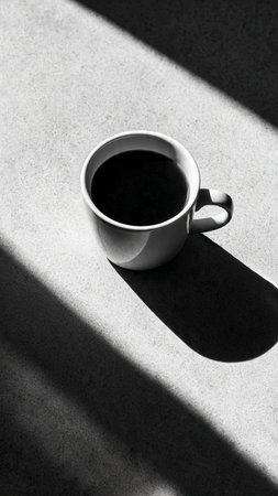 Coffee cup with shadow on the floor. Black and white.の写真素材