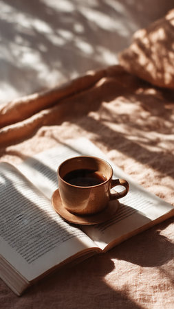 Cup of coffee and book on the bed in the morning.の写真素材