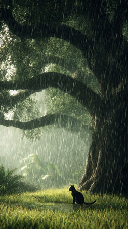 Silhouette of a cat under a big tree in the rainの写真素材