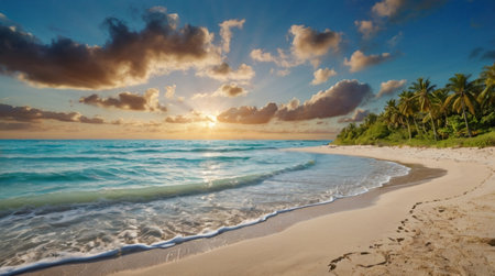 Tropical beach at sunset, Seychelles. Panoramaの写真素材