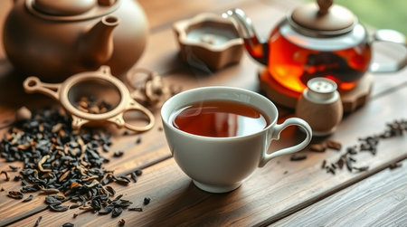 Cup of tea and teapot on wooden table, closeup