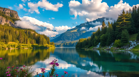 Beautiful alpine lake in Dolomites mountains, Italy.の写真素材