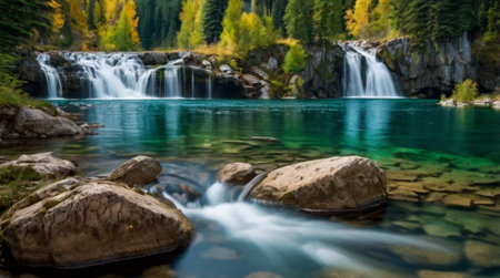 Waterfall in the autumn forest. Waterfall in the mountains.の写真素材