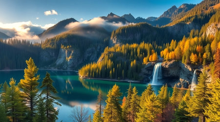 Beautiful autumn alpine lake with a waterfall in the mountains.の写真素材