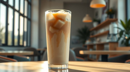 Iced coffee in glass on table in coffee shop, closeupの写真素材