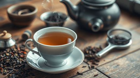 Cup of tea with teapot on wooden table, closeupの写真素材