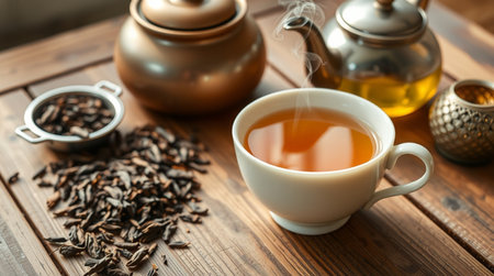 Cup of tea with teapot on wooden table, closeupの写真素材