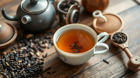 Cup of tea with teapot and cups on wooden tableの写真素材