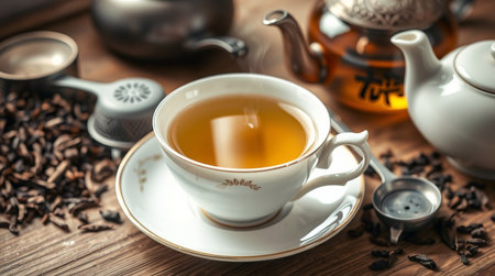tea in a cup and teapot on a wooden tableの写真素材