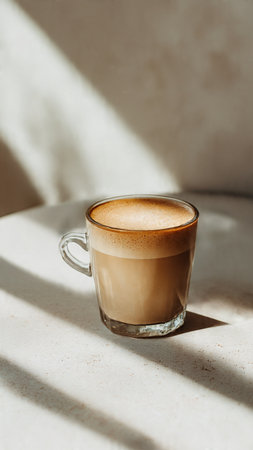 Coffee in a glass cup on a light background with shadowsの写真素材