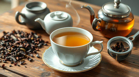 Cup of tea and teapot on wooden table, closeupの写真素材