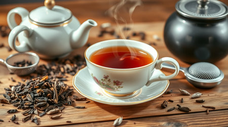 Cup of tea and teapot on wooden table, closeupの写真素材