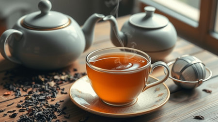 Cup of tea and teapot on wooden table, closeupの写真素材