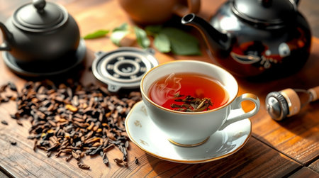 Cup of tea and teapot on wooden table, closeupの写真素材