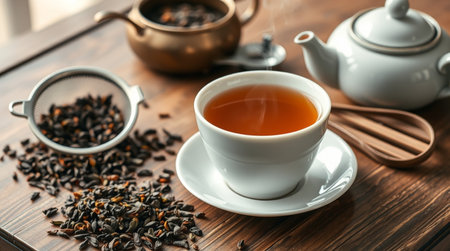 Cup of tea with dry tea leaves on wooden table, closeupの写真素材