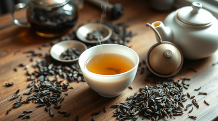 Cup of black tea and teapot on wooden table, closeupの写真素材