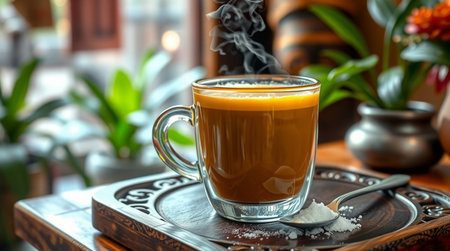 Cup of coffee with lemon and sugar on a wooden tray.の写真素材