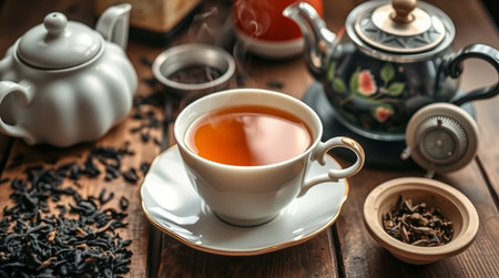 Cup of tea with teapot and teacup on wooden tableの写真素材
