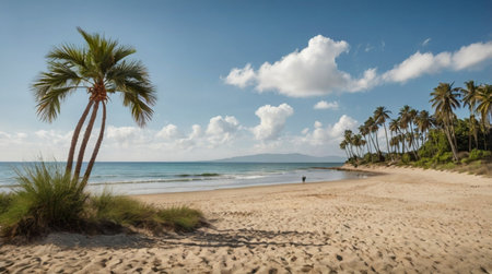 Panoramic view of a sandy beach with palm trees and blue skyの写真素材