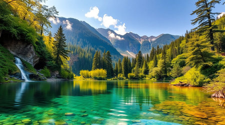 Beautiful alpine lake with clear water and mountain peaks in backgroundの写真素材