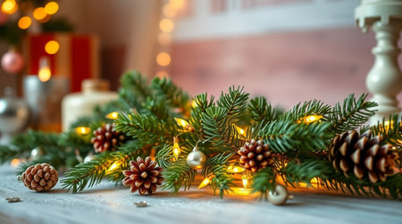 Christmas decoration with fir branches, cones and lights on wooden background.の写真素材