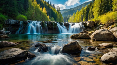 Beautiful waterfall in the Carpathian mountains. Ukraine, Europe.の写真素材