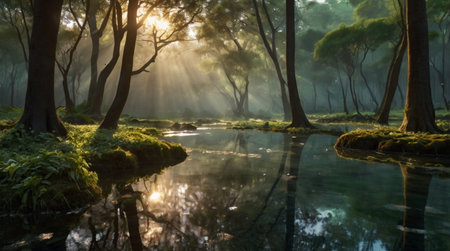 Sunrise in the pine forest with reflection on the lake, Taiwanの写真素材