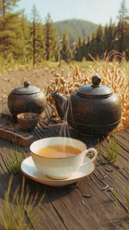 Cup of tea with teapot on a wooden table in the forestの写真素材