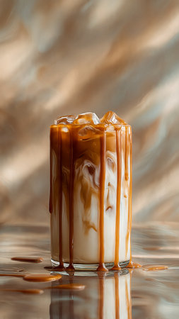 Iced caramel macchiato in a glass on a brown backgroundの写真素材
