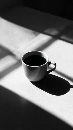 Cup of coffee on a table in sunlight. Black and white photo.の写真素材