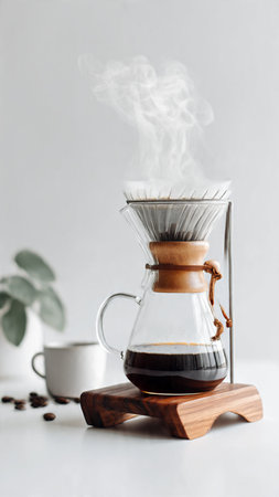 Coffee maker and coffee cup on a wooden stand on a white backgroundの写真素材