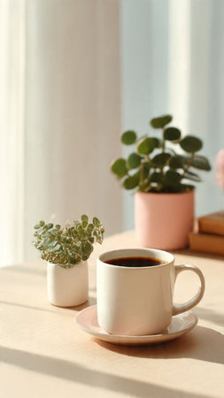 Cup of coffee on wooden table near window with houseplantsの写真素材