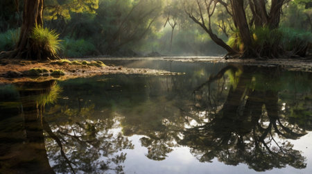 Reflection of trees in a river in a natural parkの写真素材