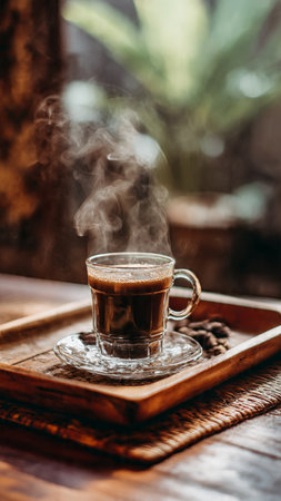 Coffee in a glass cup on a wooden tray on a wooden table.の写真素材