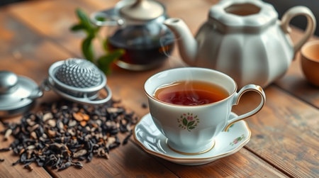 tea in a cup and teapot on a wooden tableの写真素材