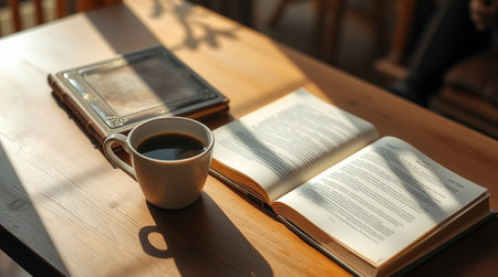 Cup of coffee and book on wooden table in coffee shop.