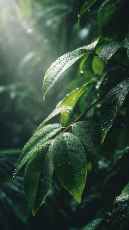 Green leaves with drops of dew in the morning. Nature backgroundの写真素材