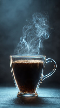 Cup of coffee with steam on a dark background. Selective focusの写真素材