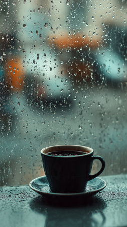 Cup of coffee with rain drops on the window. Shallow DOFの写真素材