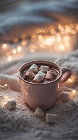 Cup of hot chocolate with marshmallows and bokeh lights on backgroundの写真素材