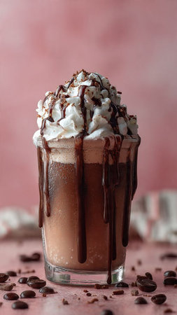 Chocolate frappe with whipped cream and marshmallows, square