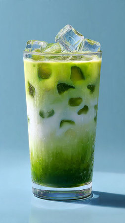 Iced green tea with ice in a glass on blue background.