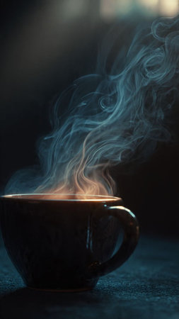 Cup of coffee with steam on dark background. Selective focusの写真素材