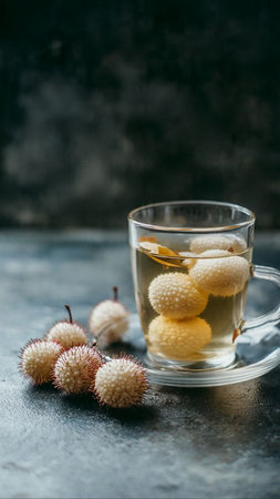 Cup of tea with litchi fruits, selective focus imageの写真素材