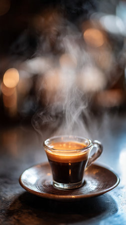 Coffee in a glass cup with steam on a dark background