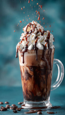 Iced coffee with whipped cream and chocolate on turquoise background