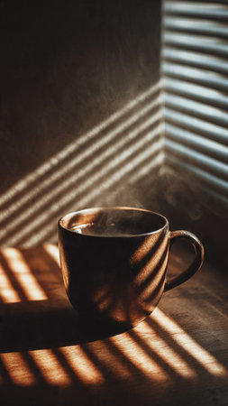 Cup of coffee on a wooden table with shadow from blinds